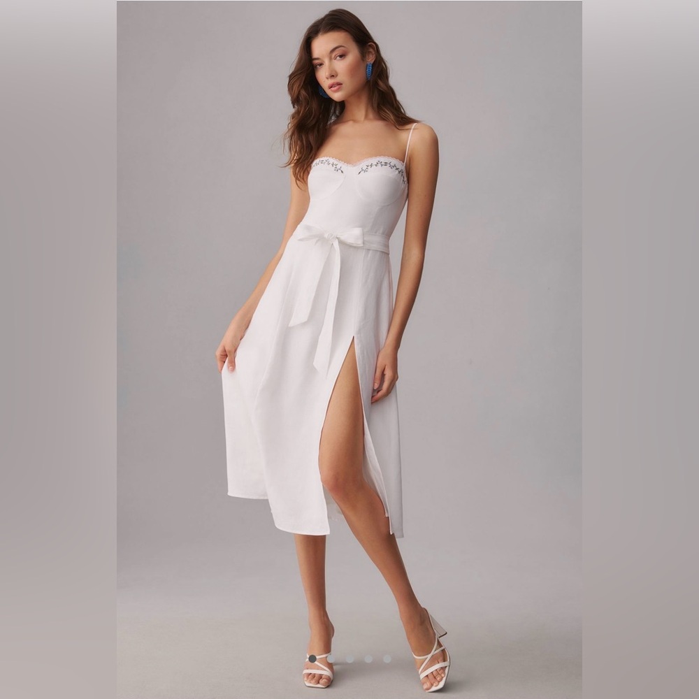 Reformation White Midi Dress with Side Slit and Bow